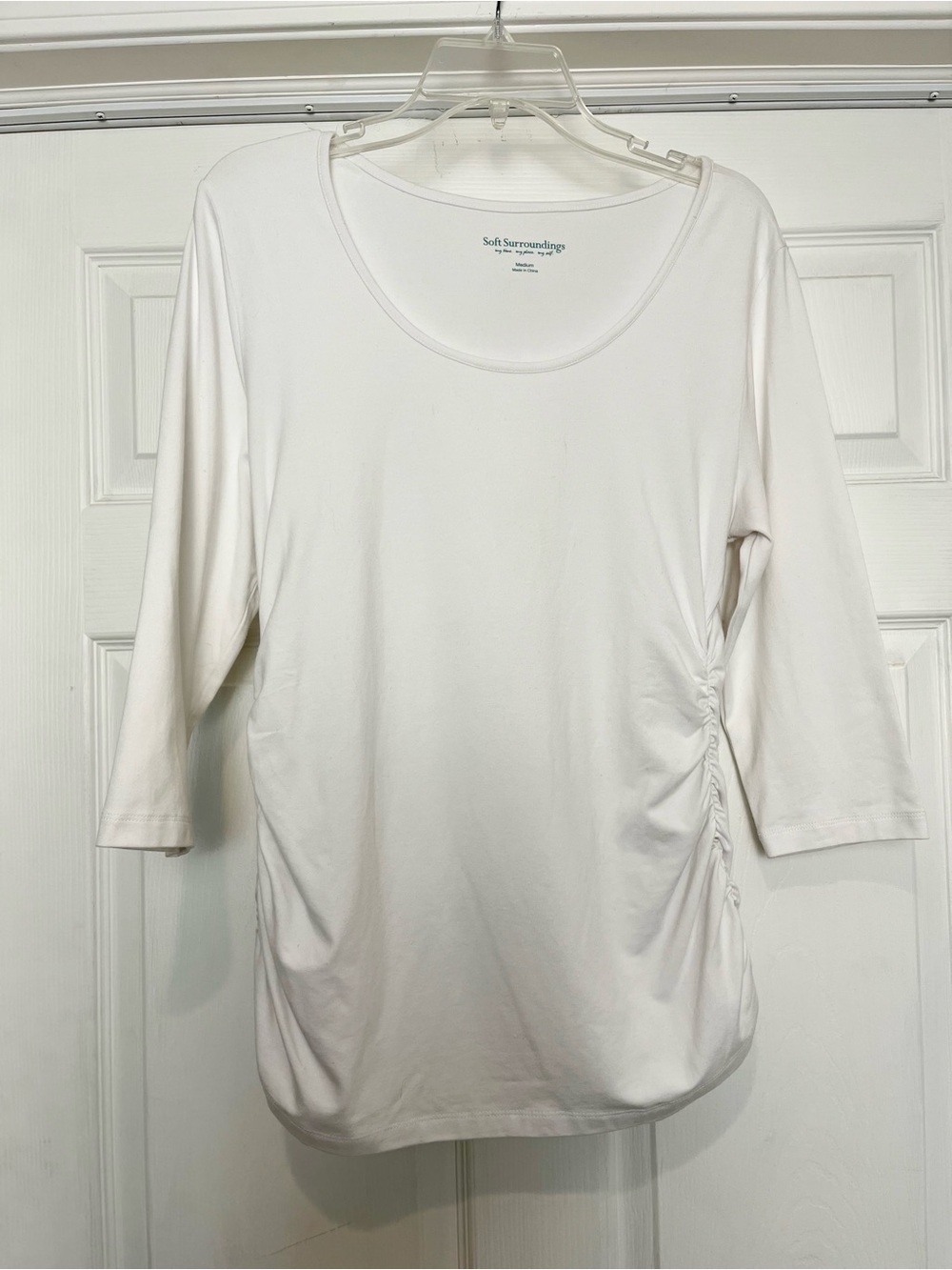 Soft Surroundings | White Scoop Neck Ruched Tee T-Shirt, Medium